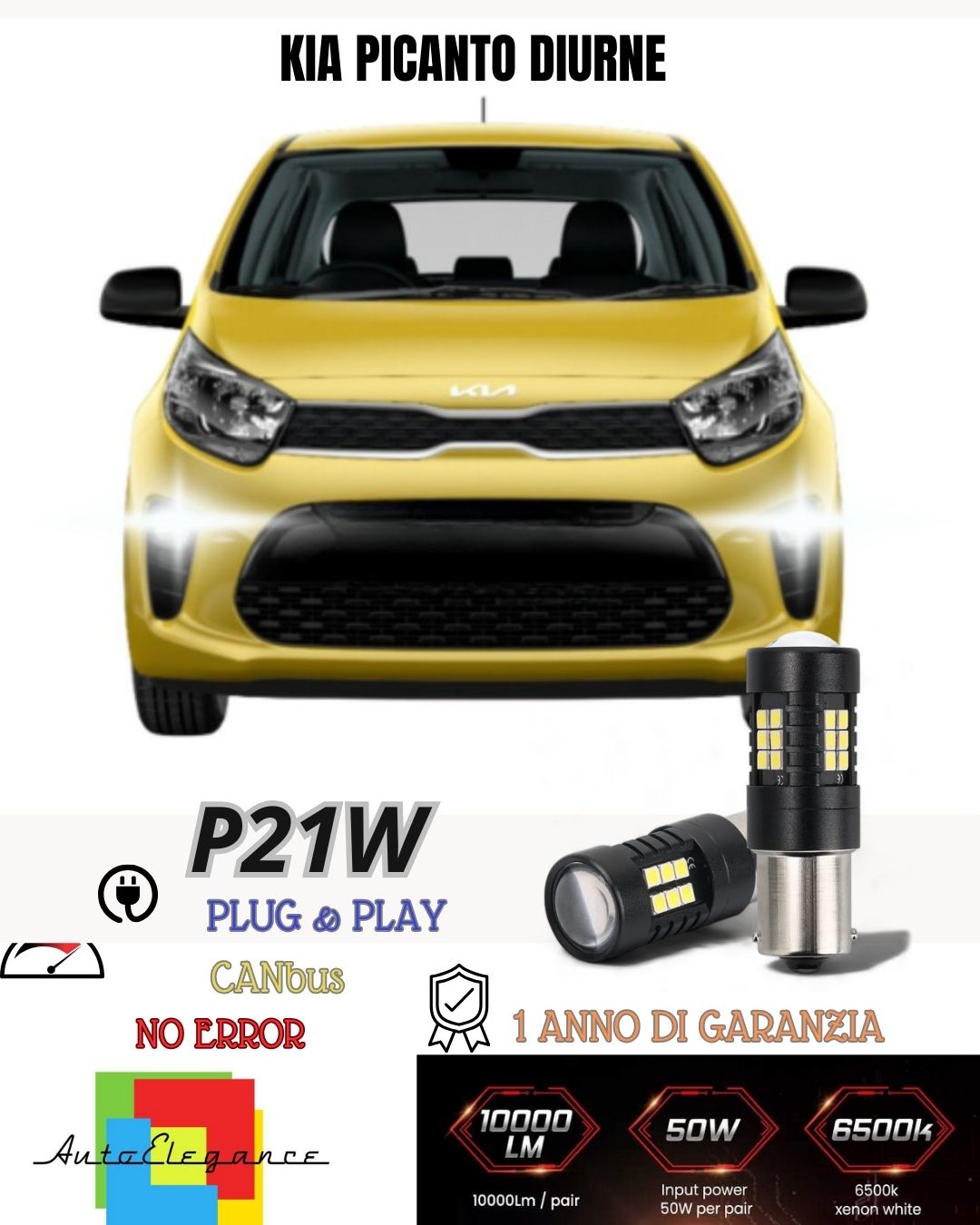 ❤️COPPIA LUCI DIURNE DRL 15 LED P21W BA15S CANBUS KIA PICANTO MK2 6000K NO ERROR