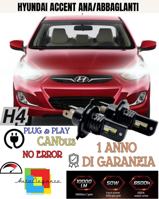 KIT H4 A LED PER HYUNDAI ACCENT MK2 LAMPADE LED H4 6000K XENON BIANCO NO AVARIA