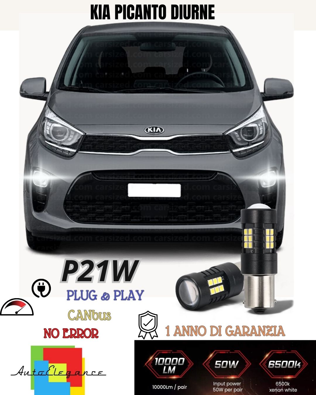 😍COPPIA LUCI DIURNE DRL 15 LED P21W BA15S CANBUS KIA PICANTO JA 6000K NO ERROR