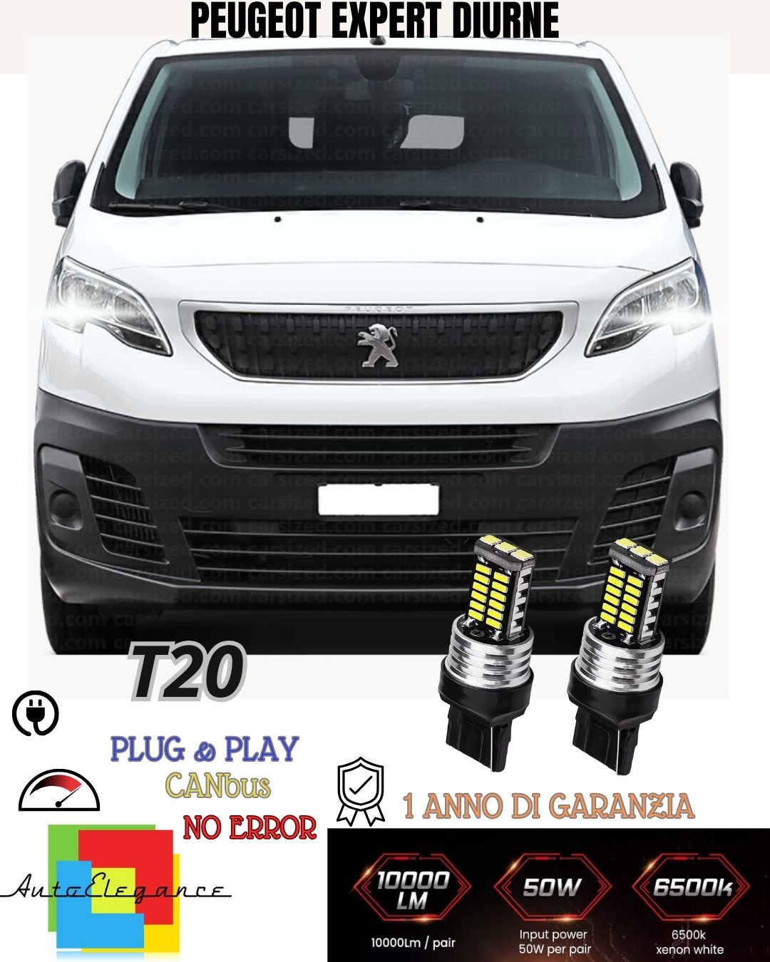 COPPIA LUCI DIURNE DRL 15 LED T20 CANBUS PEUGEOT EXPERT MK3 6000K 100% NO ERROR