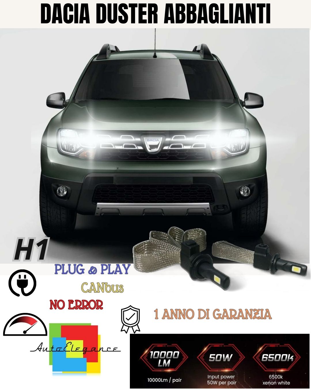 KIT LED H1 DACIA DUSTER ABBAGLIANTE ACCENSIONE RAPIDA 6400 LM XENON