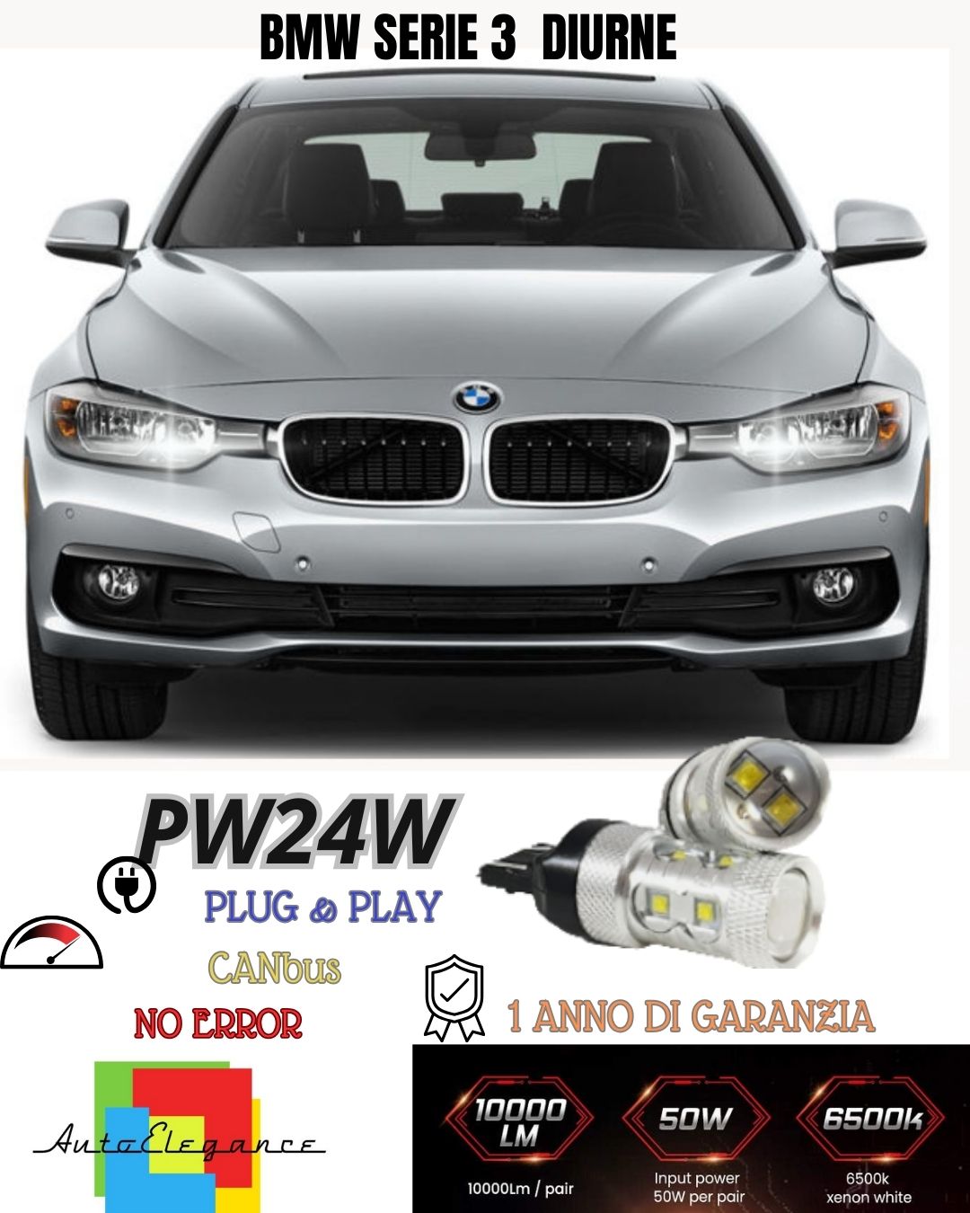 😍COPPIA LUCI DIURNE DRL 10 LED PW24W CANBUS BMW SERIE 3 F30 F31 6000K NO ERROR
