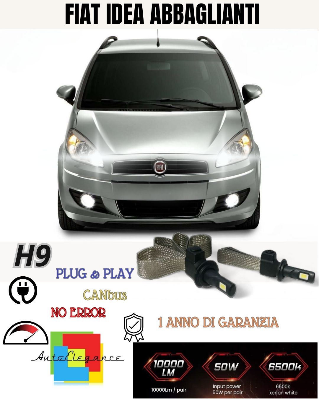 LED KIT H1 6400 LUMEN HIGH BEAM FIAT IDEA 6000K WHITE QUICK START 