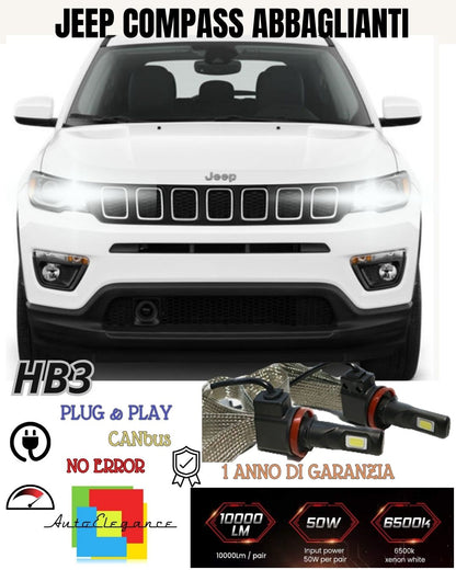 KIT FULL LED HB3 ABBAGLIANTI JEEP COMPASS MK2 6000K CANBUS 6400 LUMEN NO AVARIA