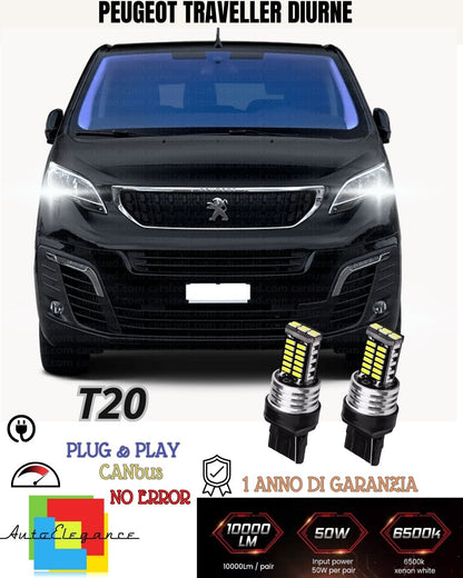 COPPIA LUCI DIURNE DRL 15 LED T20 CANBUS PEUGEOT TRAVELLER 6000K NO AVARIA🔥🔥🔥