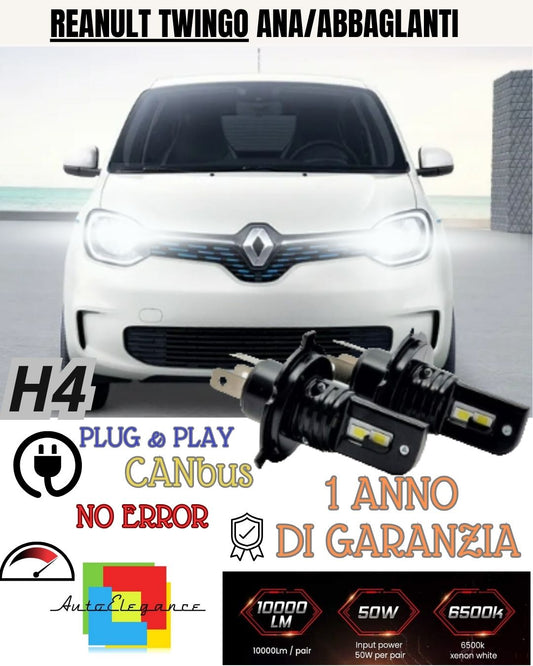 KIT H4 A LED PER REANULT TWINGO MK2 LAMPADE LED H4 6000K XENON BIANCO NO AVARIA