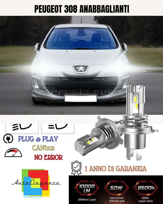 KIT ANABBAGLIANTI A LED PEUGEOT 308 MK1 LED H7 6000K 6400 LUMEN BIANCO NO ERROR