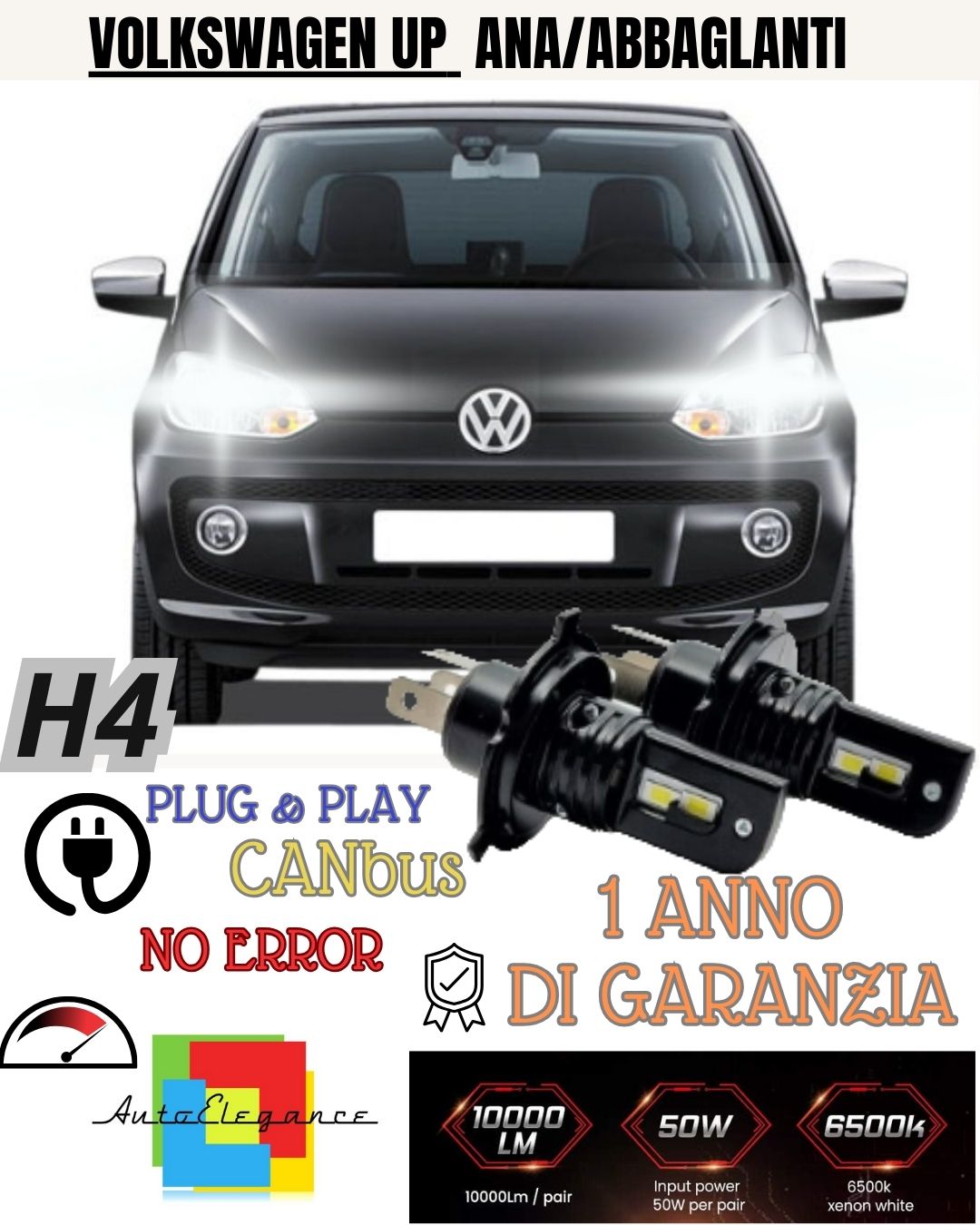 😀😀😀KIT H4 A LED PER VOLKSWAGEN UP LAMPADE LED H4 6000K XENON BIANCO NO AVARIA