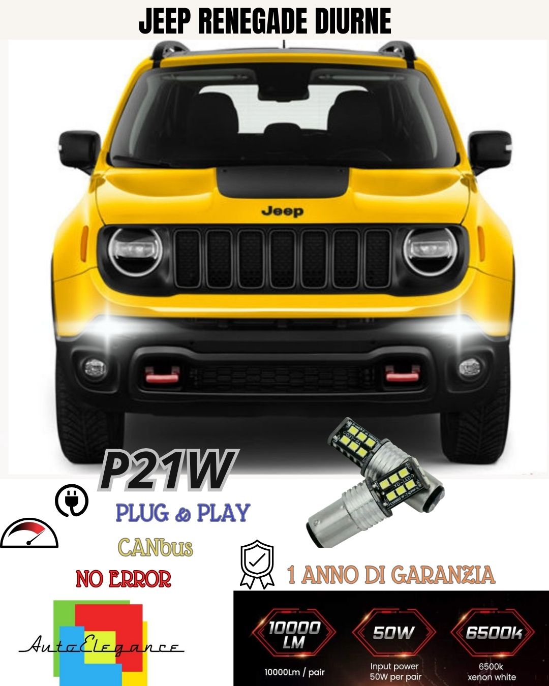 😍COPPIA LUCI DIURNE DRL 15 LED P21W BAY15D CANBUS JEEP RENEGADE 6000K NO ERRORE