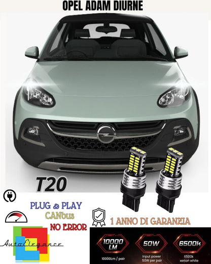 😍COPPIA LUCI DIURNE DRL POSIZIONE LED T20 W21/5W😍OPEL ADAM CANBUS 6000K BIANCO