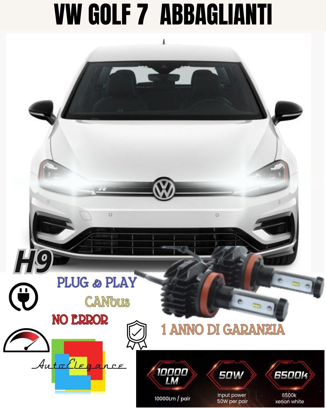 FULL LED KIT H9 VOLKSWAGEN GOLF 7 RESTYLING 6000K 9800 LUMEN CANBUS HIGH BEAM 