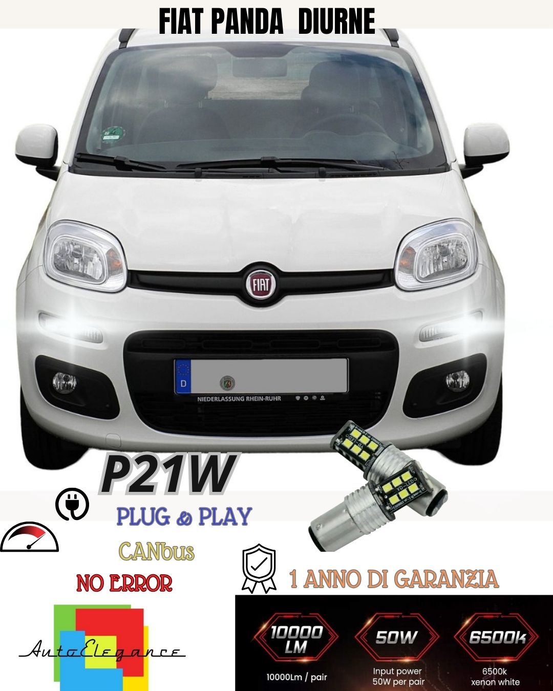 😍COPPIA LUCI DIURNE DRL 15 LED P21W BAY15D CANBUS FIAT PANDA 3° 6000K NO ERRORE