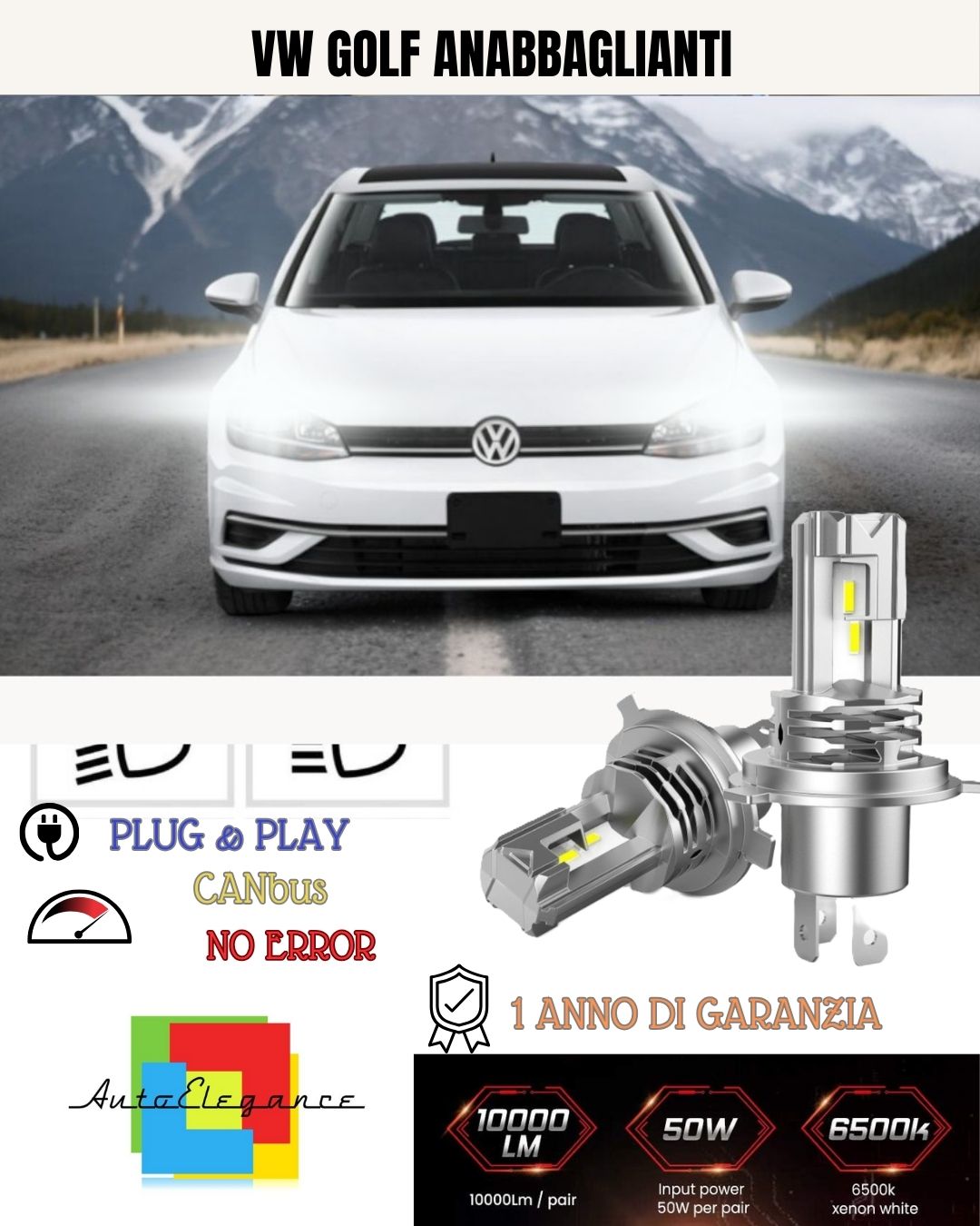 KIT LAMPADE ANABBAGLIANTI LED VOLKSWAGEN GOLF SPORTSVAN LED H7 6000K 6400 LUMEN