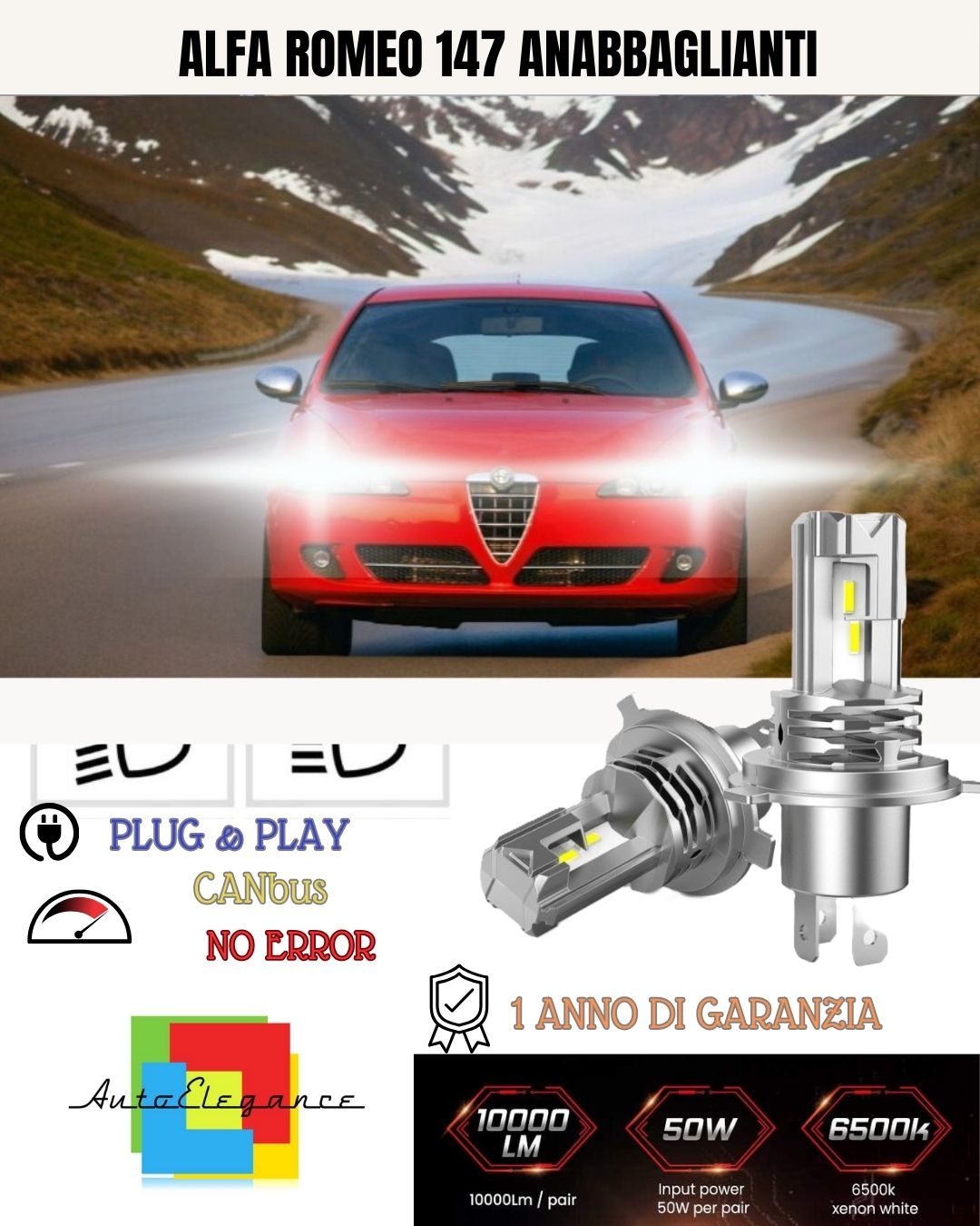 KIT LED H7 ALFA ROMEO 147 PRE-RESTYLING 6000K BIANCO 6000 LUMEN ANABBAGLIANTI