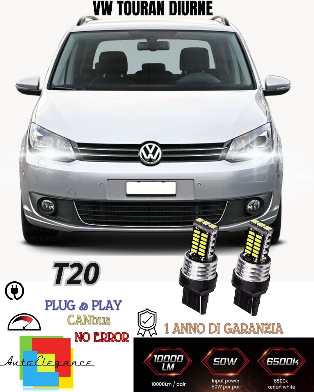 😍COPPIA LUCI DIURNE DRL 15 LED T20 CANBUS VOLKSWAGEN TOURAN 5T1 6000K NO AVARIA