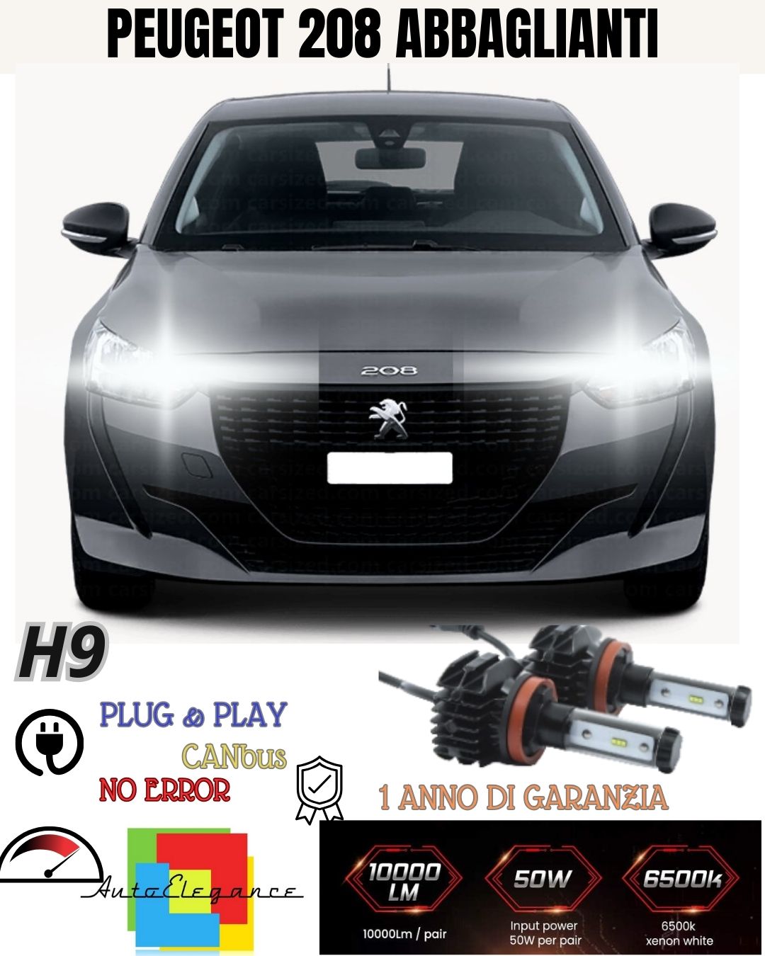 KIT FULL LED H9 PEUGEOT 208 MK2 6000K 9800 LUMEN CANBUS 6000K BIANCO ABBAGLIANTI
