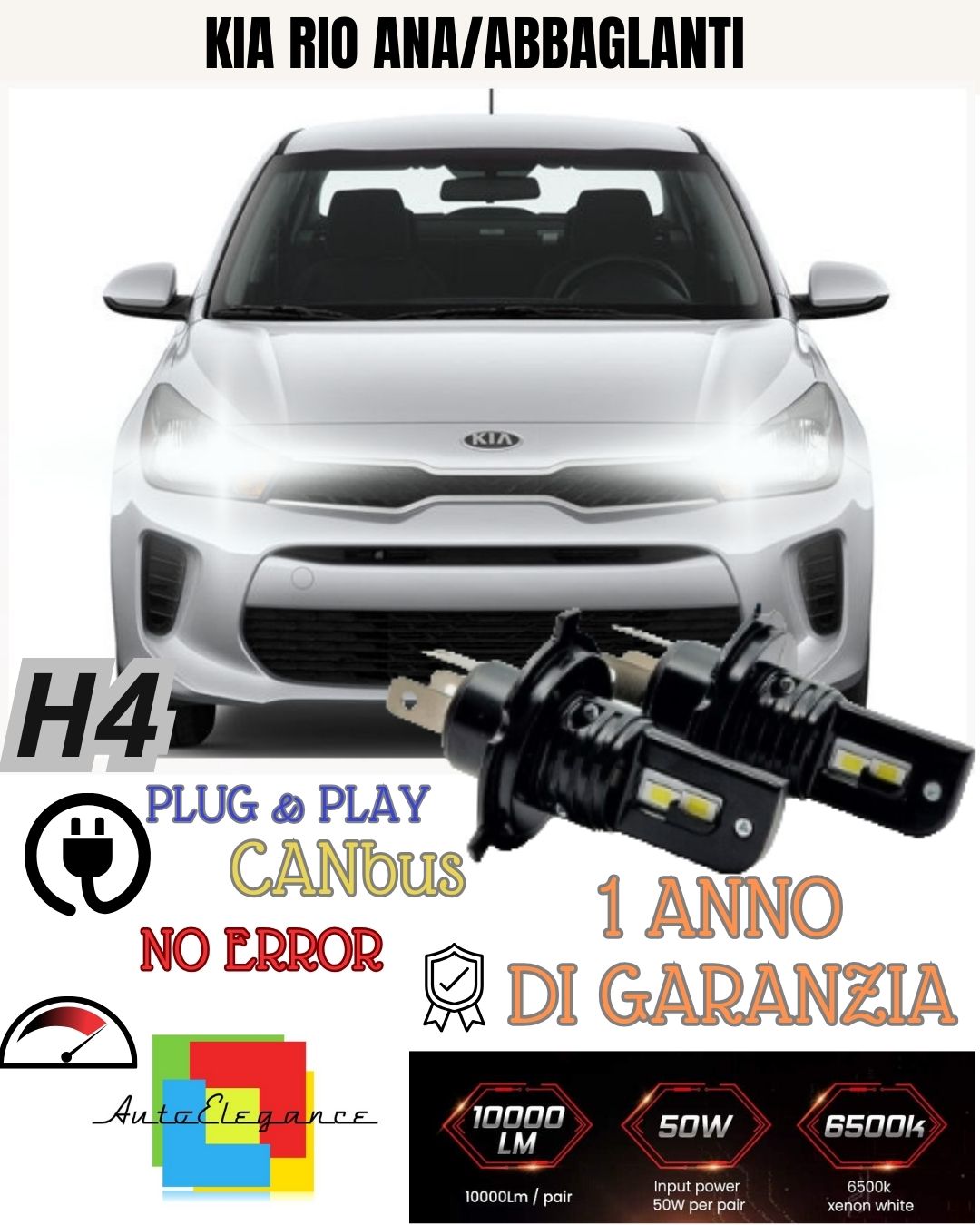 KIT H4 A LED PER KIA RIO 4 IV LAMPADE LED H4 6000K XENON BIANCO NO AVARIA