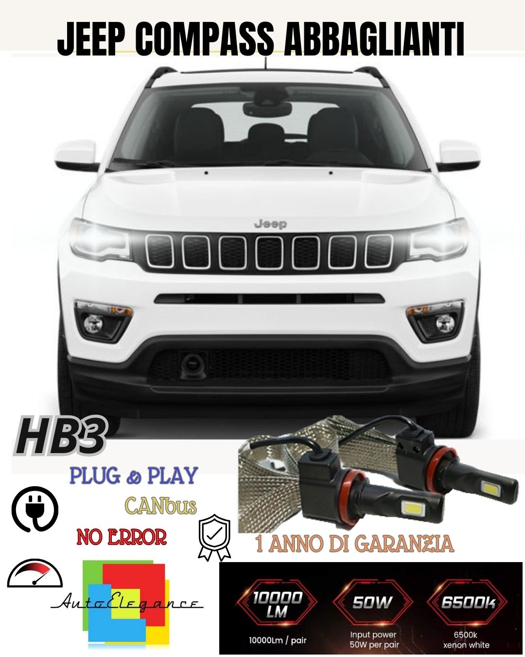 FULL LED KIT HB3 JEEP COMPASS MK2 6000K WHITE CANBUS LOW BEAM HIGH BEAM 