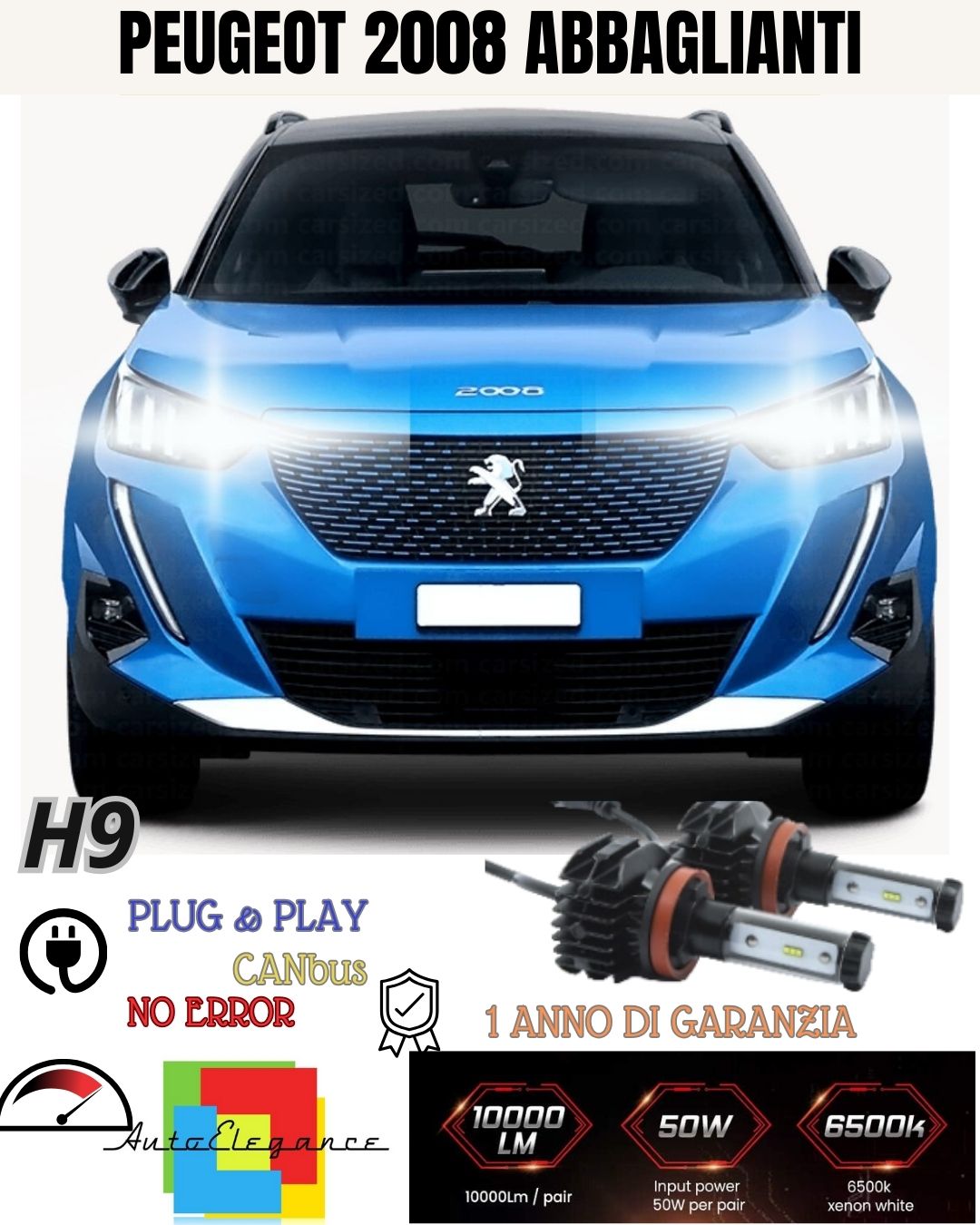 🔥🔥🔥KIT FULL LED H9 PEUGEOT 2008 MK2 6000K 9800 LUMEN CANBUS 6000K HIGH BEAM 