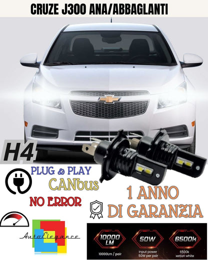KIT LED H4 6000K CHEVROLET CRUZE J300 ACCENSIONE ISTANTANEA NO AVARIA XENO XENON