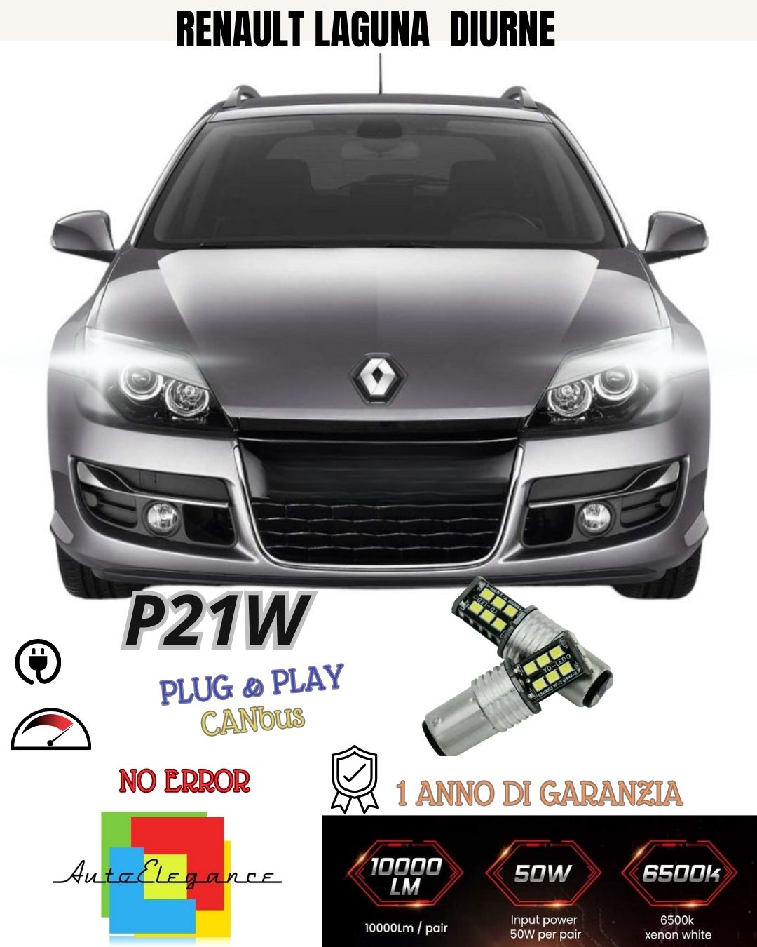 ❤️❤️COPPIA LUCI DIURNE DRL P21W 15 LED CANBUS RENAULT LAGUNA COUPE' 6000K BIANCO