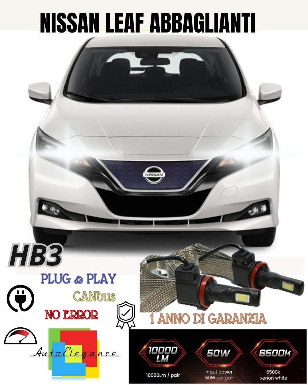 FULL LED HB3 HIGH BEAM KIT FOR NISSAN LEAF 2 6000K CANBUS 6400 LUMEN NO FAILURE 