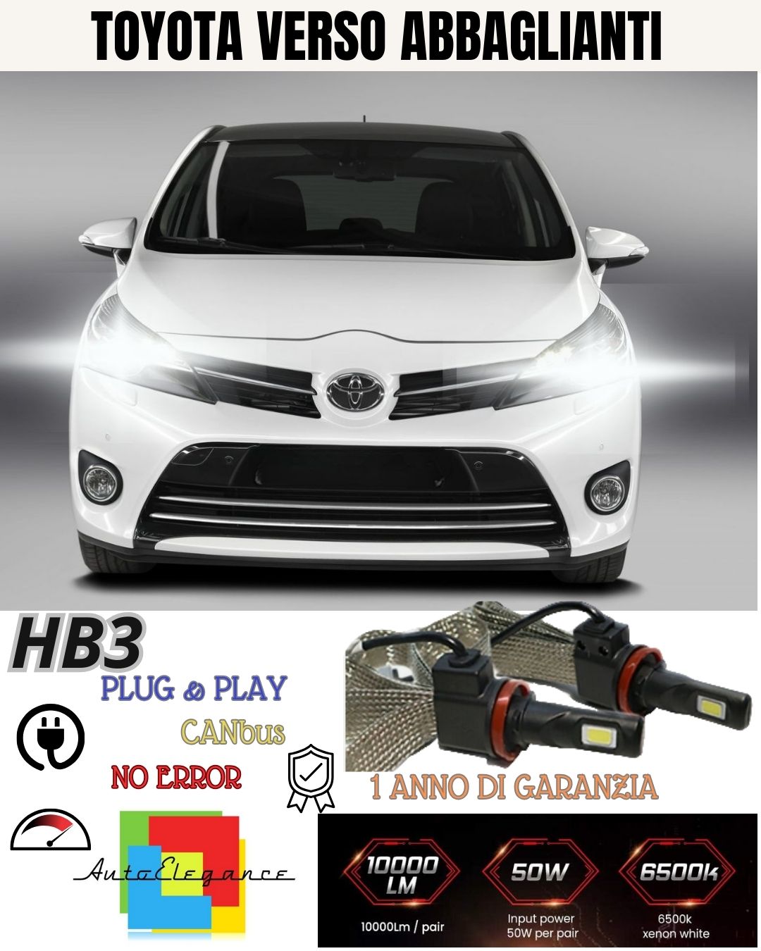 KIT FULL LED HB3 ABBAGLIANTI TOYOTA VERSO 6000K CANBUS 6400 LUMEN NO AVARIA LUCI
