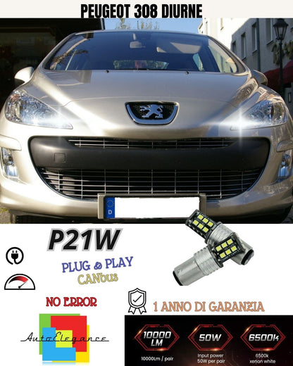 😍😍COPPIA LUCI DIURNE DRL 15 LED P21W BAY15D CANBUS PEUGEOT 308 MK1 6000K😍😍😍