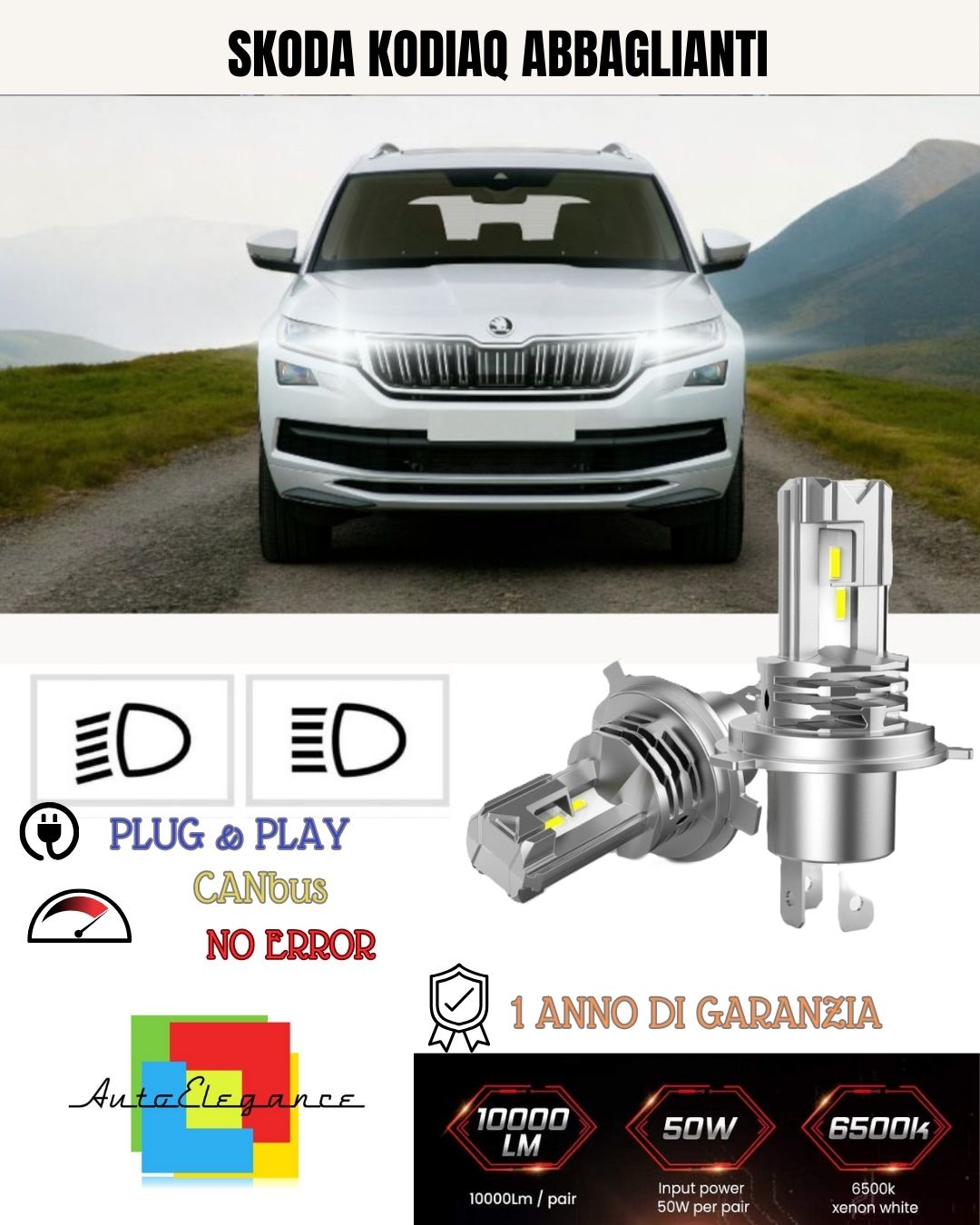 vKIT LED H7 PER SKODA KODIAQ 6000K BIANCO 6000 LUMEN CANBUS ABBAGLIANTI