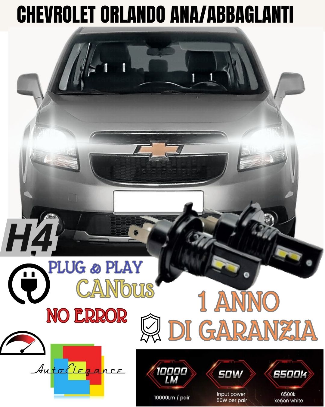 KIT H4 A LED CHEVROLET ORLANDO LAMPADE LED H4 6000K XENON BIANCO NO AVARIA LUCI