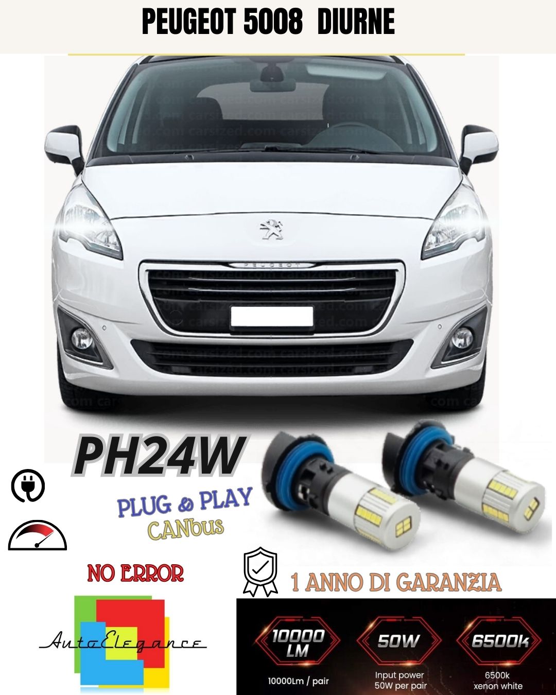 😍😍COPPIA LUCI DIURNE DRL 34 LED PH24W CANBUS ❤️PEUGEOT 5008 MPV 6000K NO ERROR