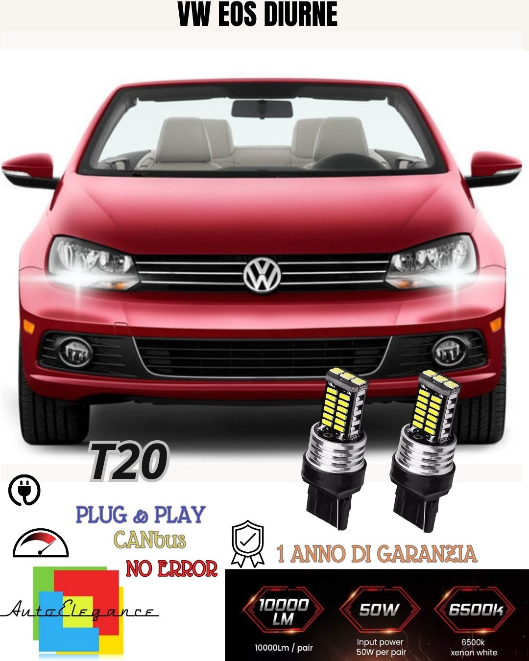 ❤️COPPIA LUCI DIURNE DRL 15 LED T20 W21W CANBUS ❤️VW EOS MK2❤️ 6000K NO ERRORE❤️
