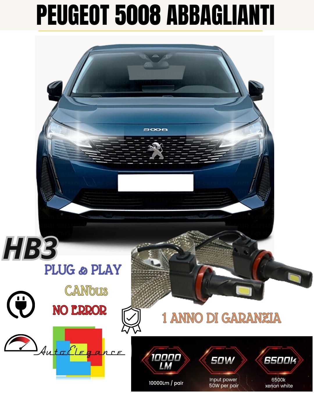 KIT FULL LED HB3 ABBAGLIANTI PEUGEOT 5008 MK2 6000K CANBUS 6400 LUMEN NO AVARIA