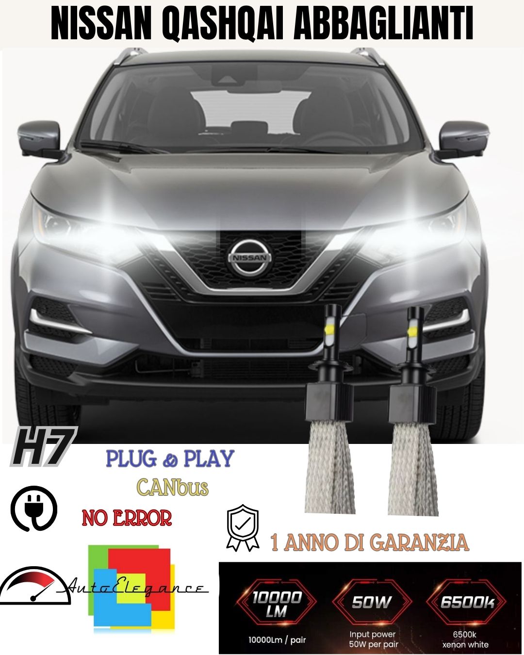 KIT LED H7 PER NISSAN QASHQAI J10 RESTYLING 6000K BIANCO ABBAGLIANTI 6400 LUMEN