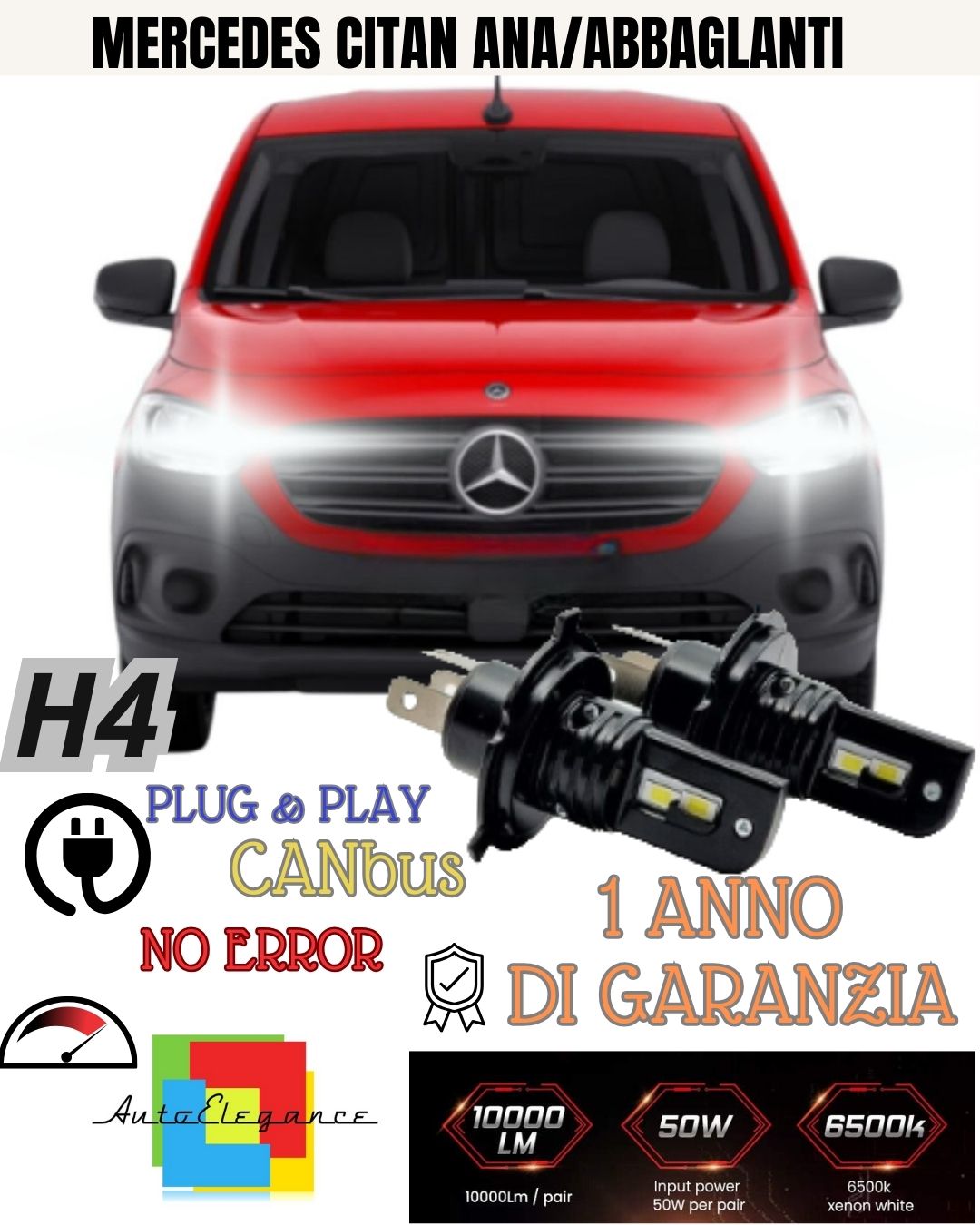😎😎KIT H4 A LED PER MERCEDES CITAN LAMPADE LED H4 6000K XENON BIANCO NO AVARIA