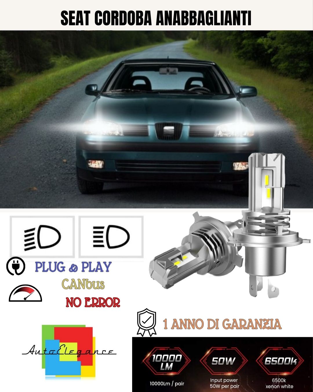 KIT LED H7 PER SEAT CORDOBA 6L 6000K BIANCO 6000 LUMEN CANBUS ANABBAGLIANTI