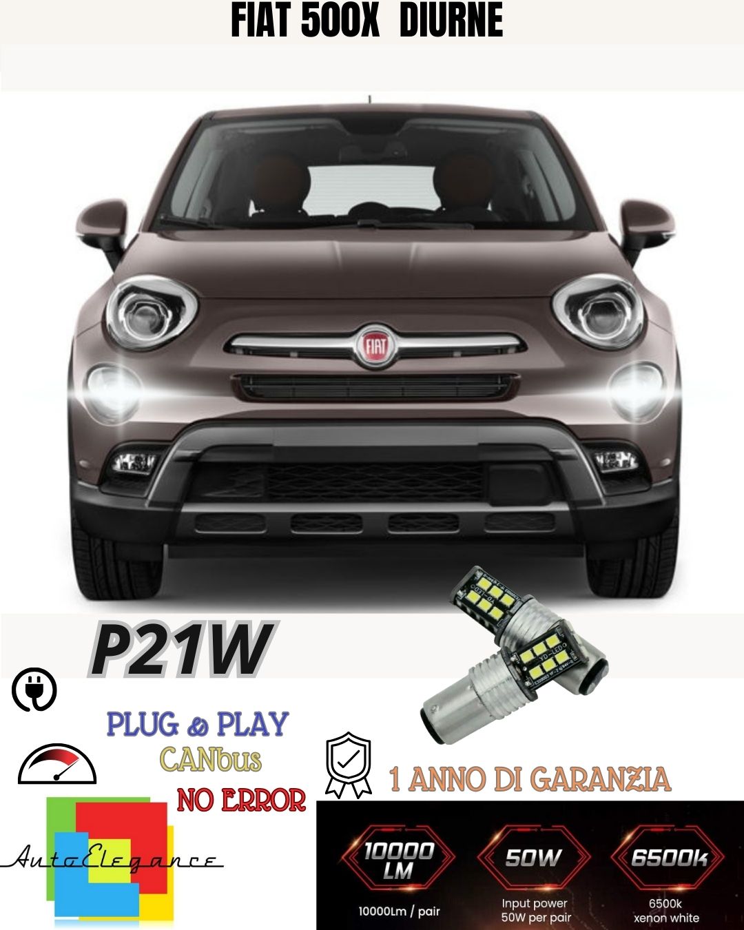 COPPIA LUCI DIURNE DRL 15 LED P21W CANBUS FIAT 500X 6000K FINO AL 2016 NO ERROR
