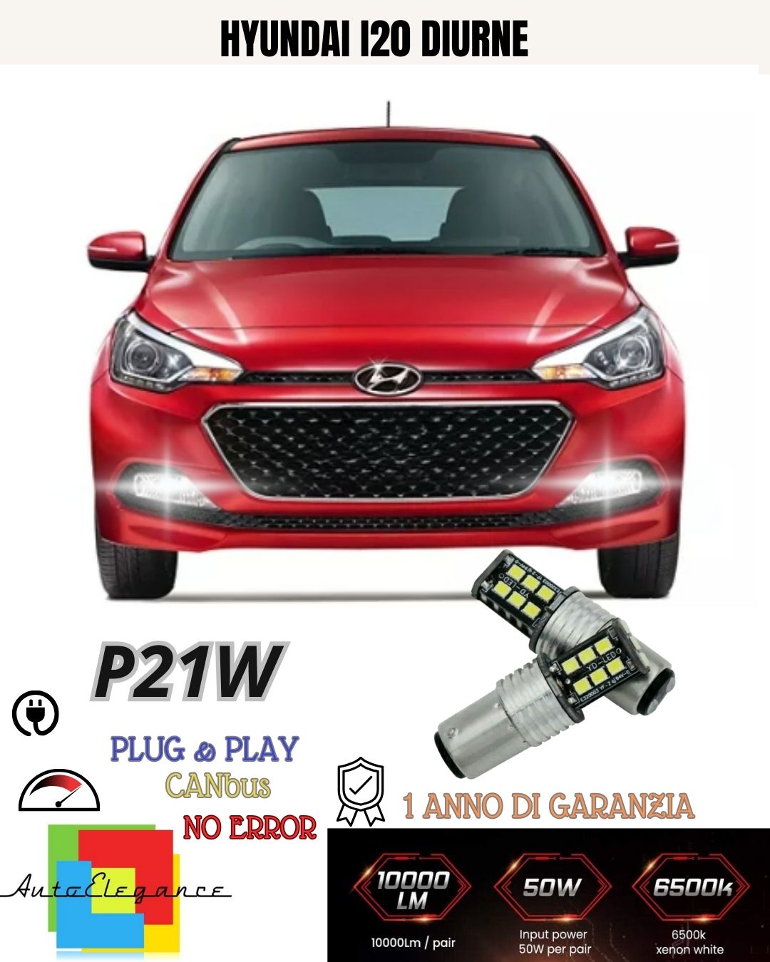 😍COPPIA LUCI DIURNE DRL 15 LED P21W BA15S CANBUS🔥🔥HYUNDAI I20🔥🔥MK2 II 6000K