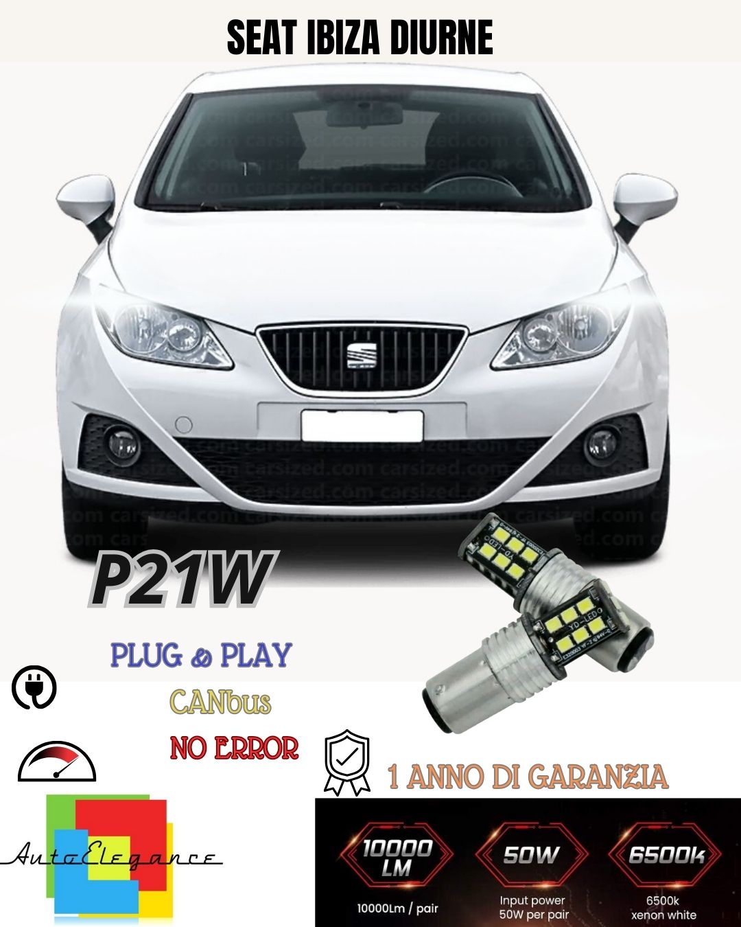 😍COPPIA LUCI DIURNE DRL LED T20 W21W SEAT IBIZA 5 CANBUS 6000K BIANCO NO ERROR