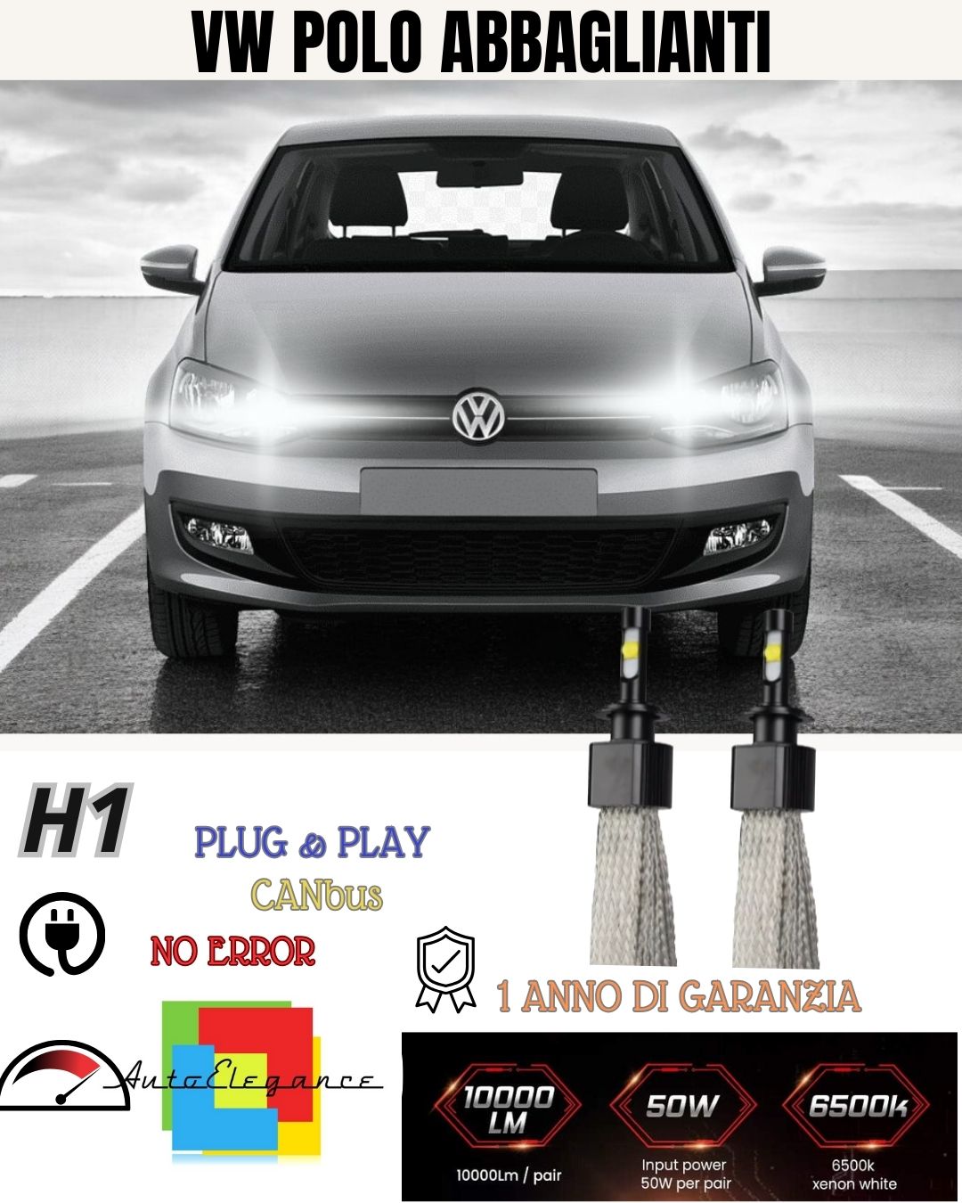 KIT LED H1 VW POLO 6N2 6000K ABBAGLIANTI 6400 LUMEN CANBUS ACCENSIONE IMMEDIATA