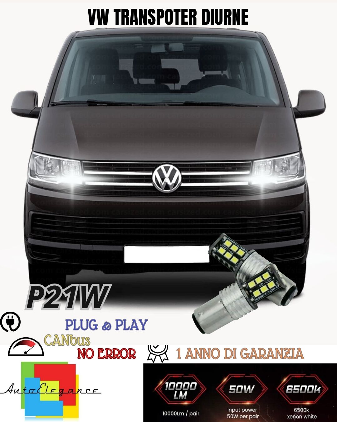 😍COPPIA LUCI DIURNE DRL 15 LED P21W BA15S CANBUS ❤️VW TRANSPOTER T6❤️ 6000K