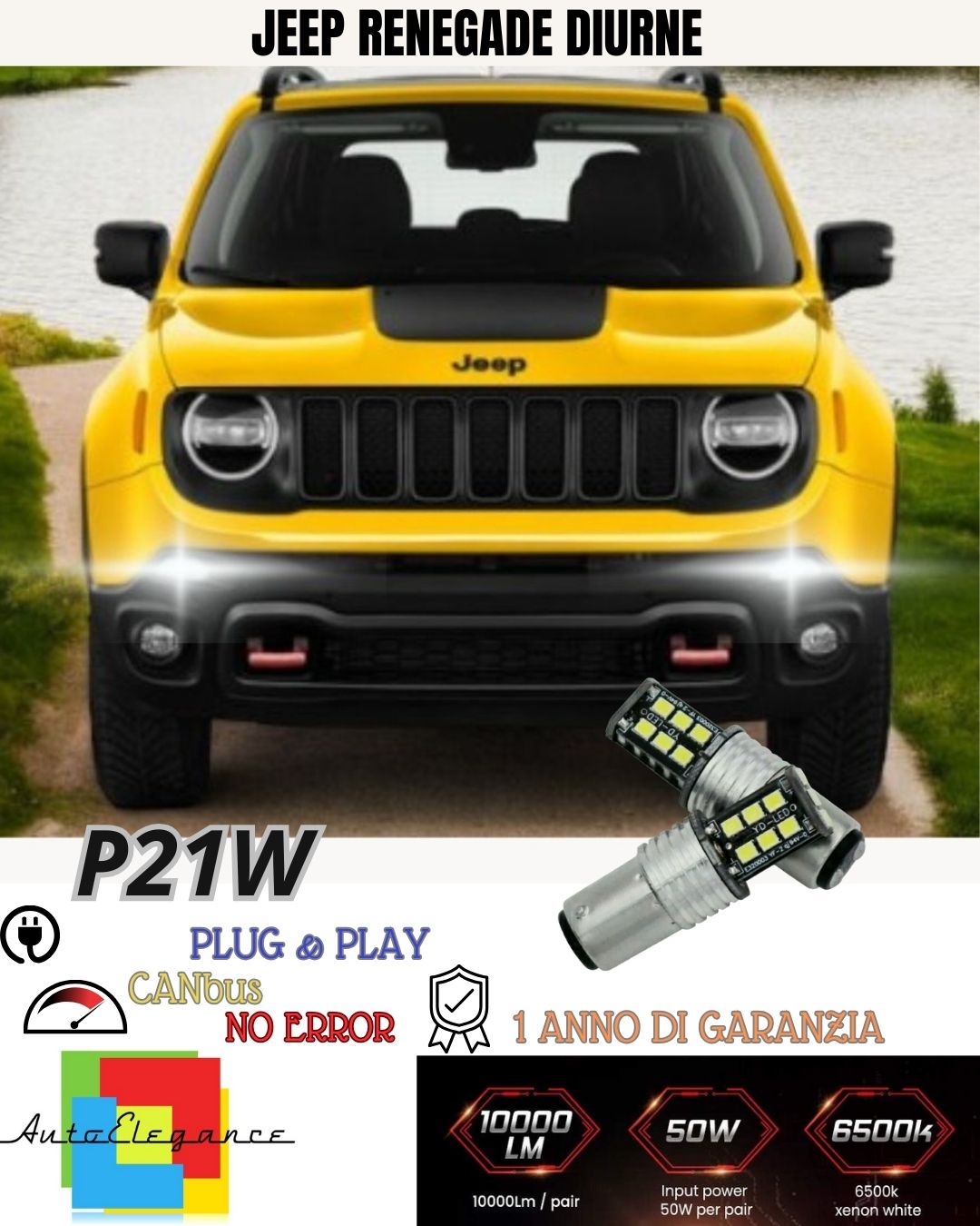 COPPIA LUCI DIURNE DRL 15 LED P21W BAY15D CANBUS JEEP RENEGADE 6000K NO ERRORE