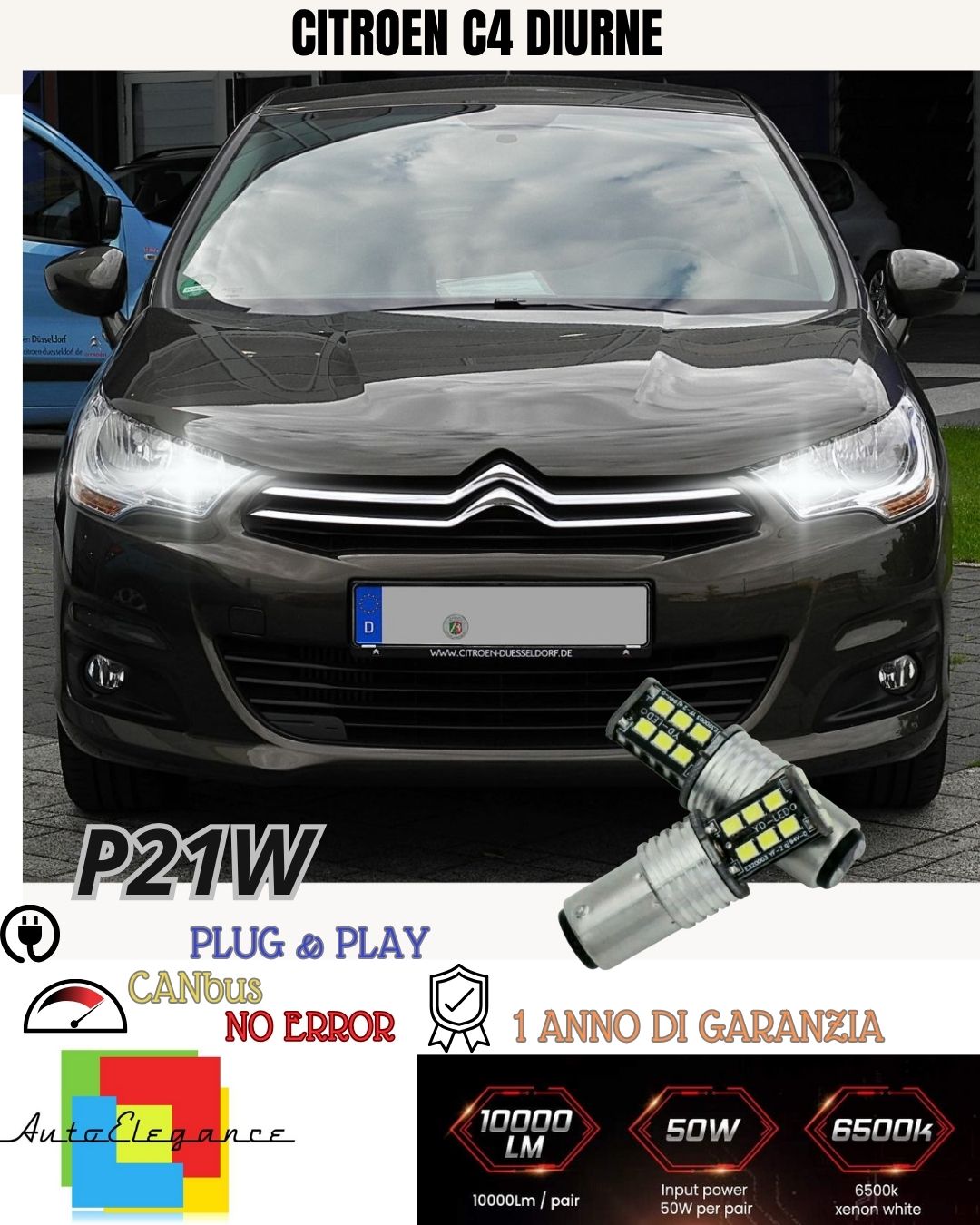 ❤️COPPIA LUCI DIURNE DRL 15 LED P21W BAY15D CANBUS CITROEN C4 II 6000K NO ERRORE