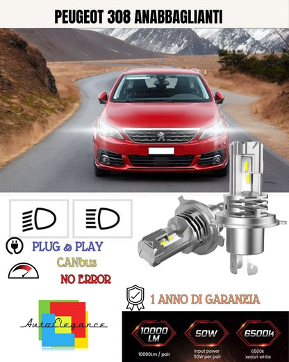 KIT LED H7 PER PEUGEOT 308 6000K BIANCO 6000 LUMEN CANBUS ANABBAGLIANTI