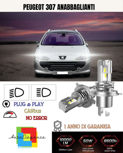 KIT LED H7 PER PEUGEOT 307 6000K BIANCO 6000 LUMEN CANBUS ANABBAGLIANTI
