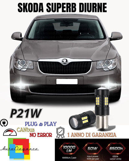 PAIR OF DAYTIME LIGHTS DRL 15 LED P21W BA15S CANBUS SKODA SUPERB MK2 6000K NO ERROR 