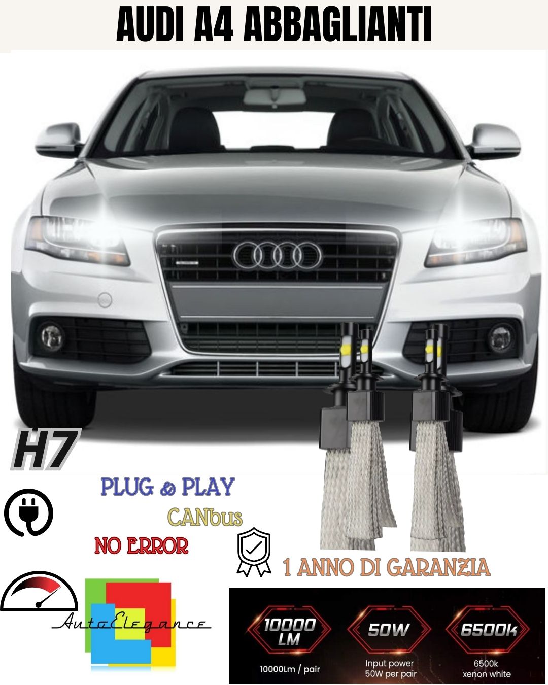 😄😄KIT LED H7 AUDI A4 B5 + AVANT 6000K BIANCO ABBAGLIANTI 6400 LUMEN NO AVARIA