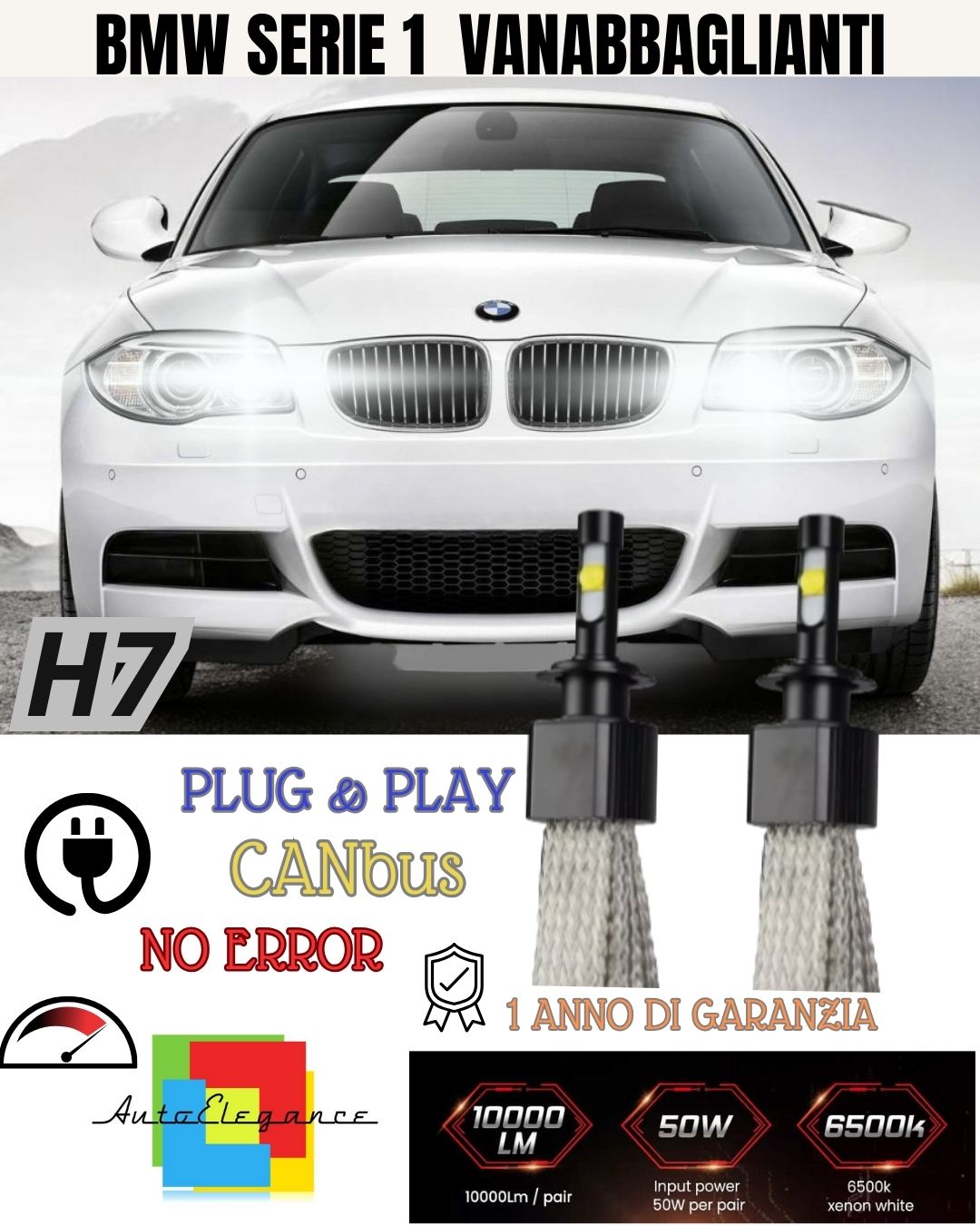 KIT LED H7 BMW SERIE 1 F20 6000K XENON NO AVARIA ABBAGLIANTI 6400 LUMEN NO ERROR