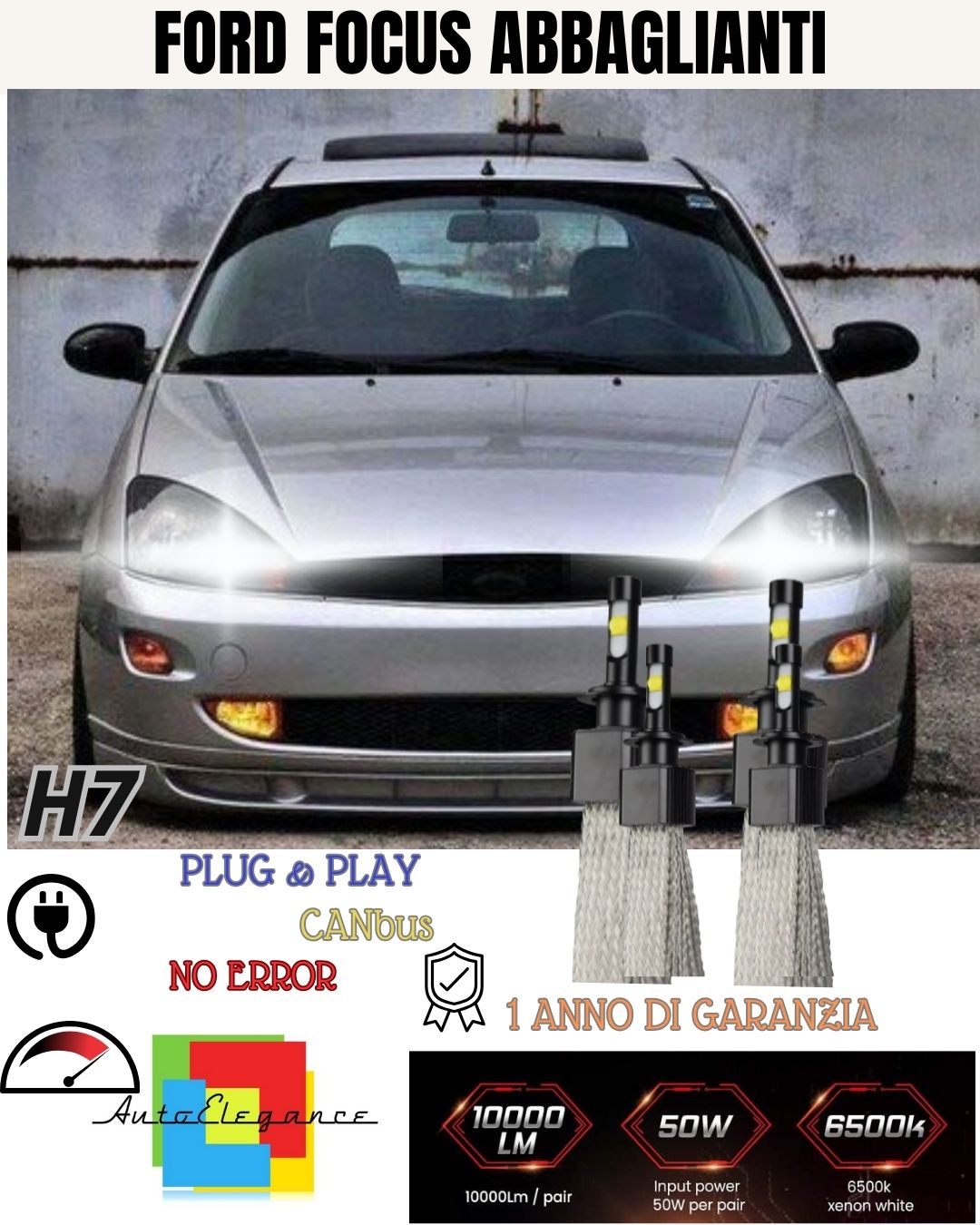 KIT FULL LED FORD FOCUS MK1 I H1 6000K NO ERRORE ABBAGLIANTE CANBUS 6400 LUMEN