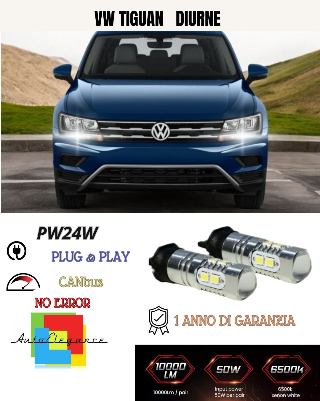COPPIA LUCI DIURNE DRL 10 LED PW24W CANBUS VOLKSWAGEN TIGUAN MK2 6000K NO ERROR